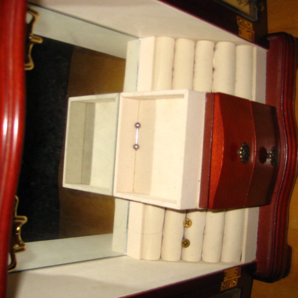Elegant Red Wood Jewelry Cabinet with Glass Doors - Picture 5 of 9